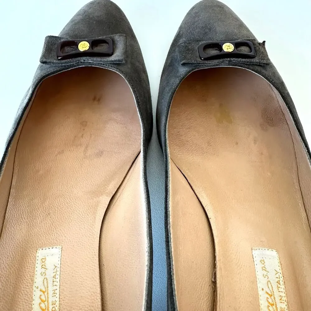 Gucci 1983 Vintage Grey Suede Bow Logo Kitten Heel Size 38 AA